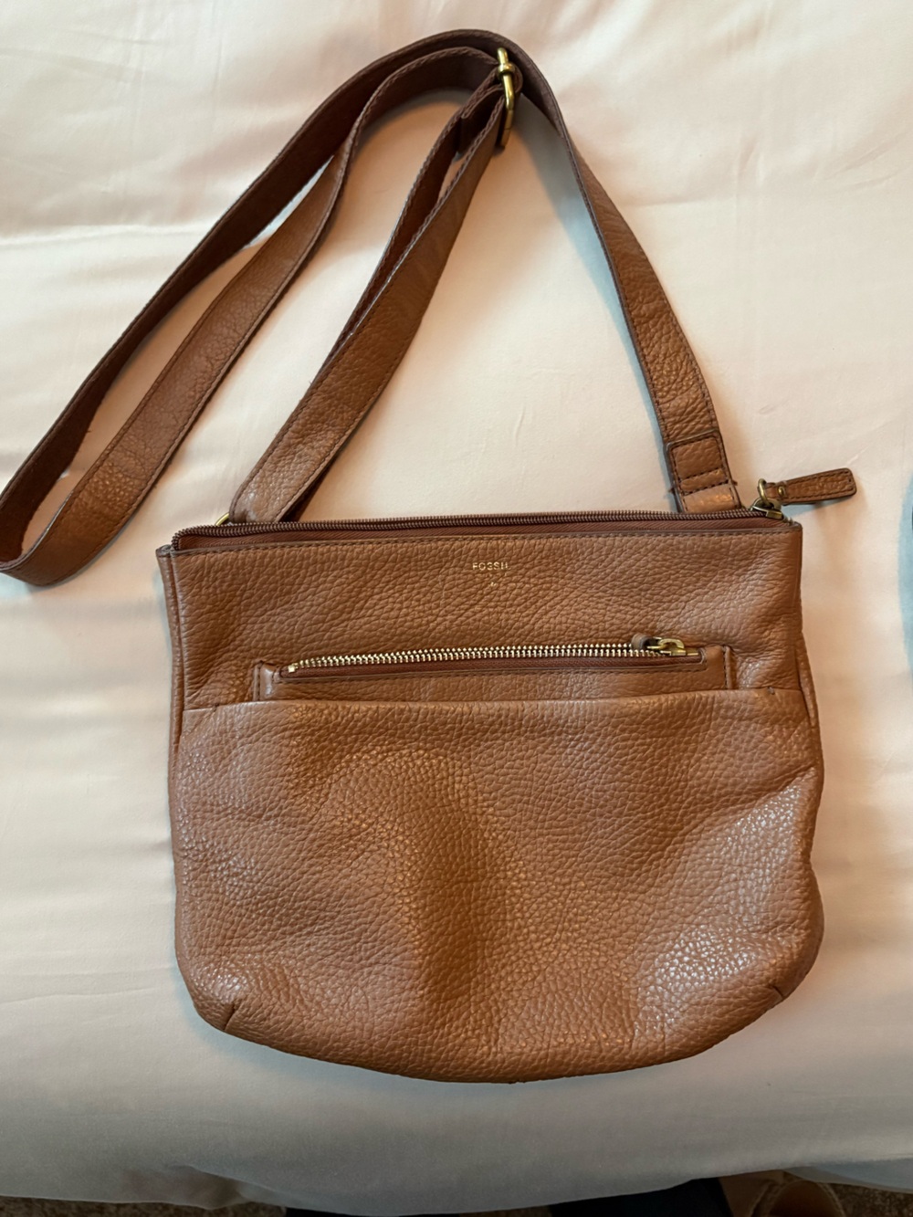 Fossil Cognac Pebbled Leather Purse with Gold Hardware and Organized Storage